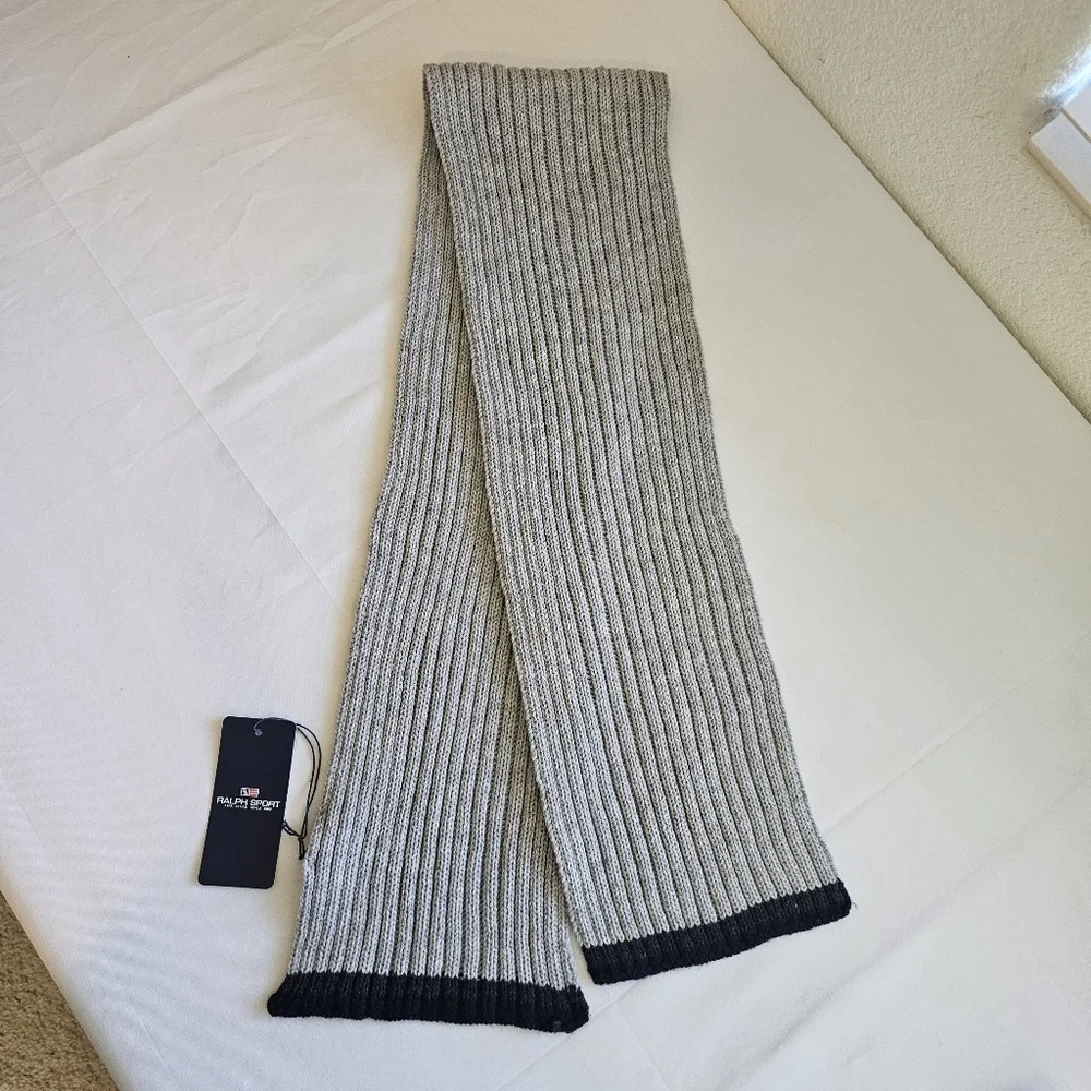 NWT Ralph Sport Ribbed Knit Scarf Gray Black Acrylic Winter Unisex